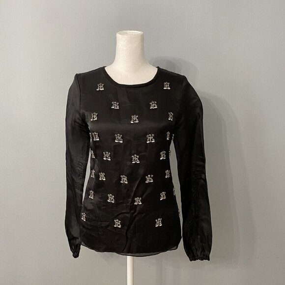 Miri Sweater Embellished Gems Sheer Sleeves Stones XS Black Silver - Picture 1 of 5